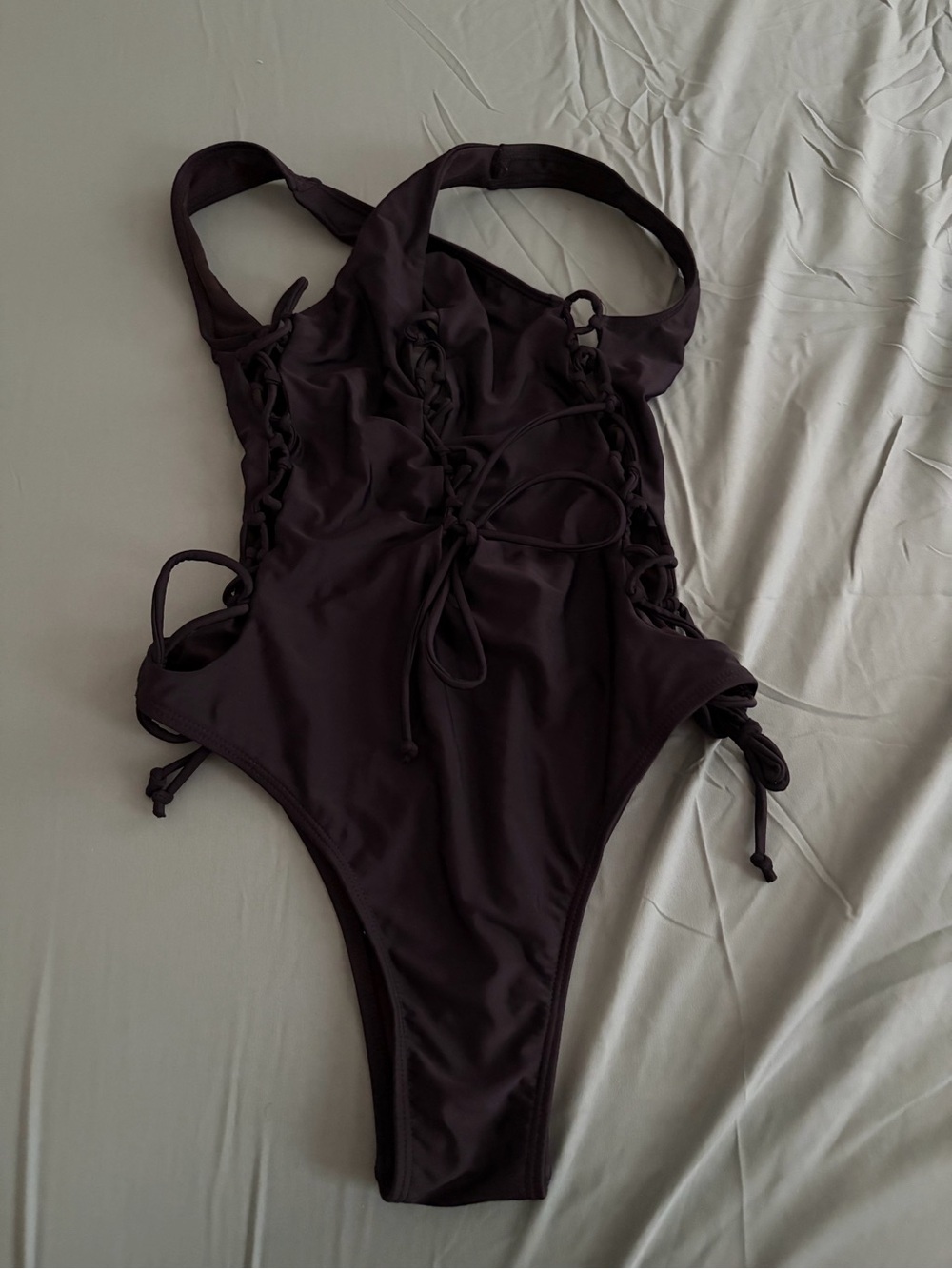 Lace-Up One-Piece Swimsuit in Deep Plum